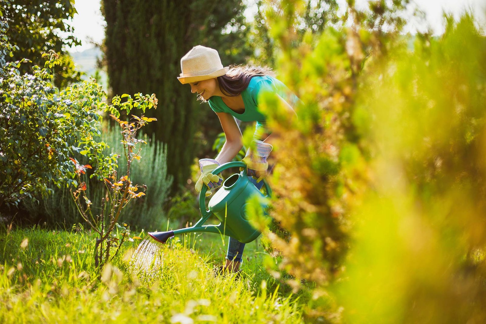 Persona trabajando en el jardín, plantando flores y cuidando el paisaje al aire libre con herramientas de jardinería.